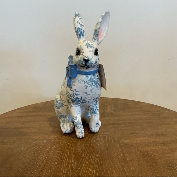 Ceramic Easter Bunny Figurine Blue Toile Pattern with Bow Ribbon - Picture 5 of 5